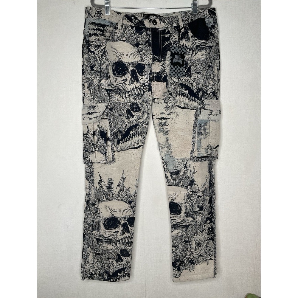 Rebel Vengeance Skull Skeleton Tapestry Cargo Pants Men's 36 Fringe On The Sides